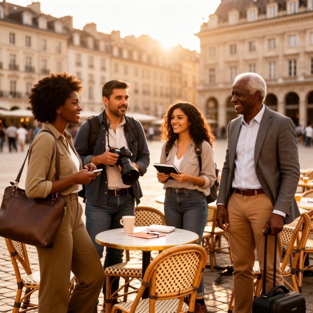 Diverse educators and marketers traveling together at a sunlit European plaza cafe
