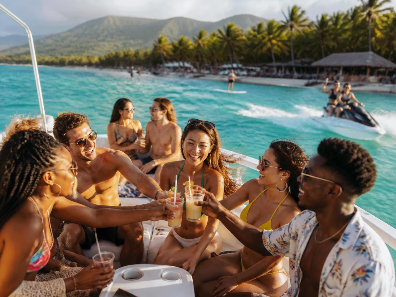 Gen Z solo travelers — male and female — exploring a vibrant coastal city street together