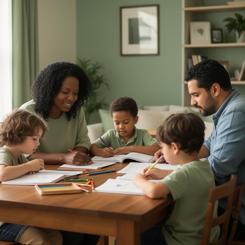 Homeschool parent calmly teaching children at a warm kitchen table