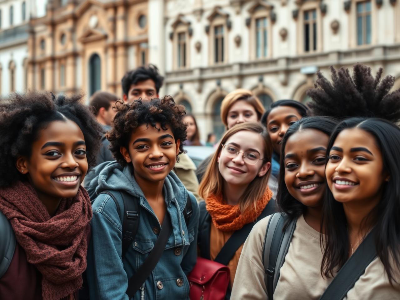 Diverse middle and high school students on a city cultural learning trip with parents behind them