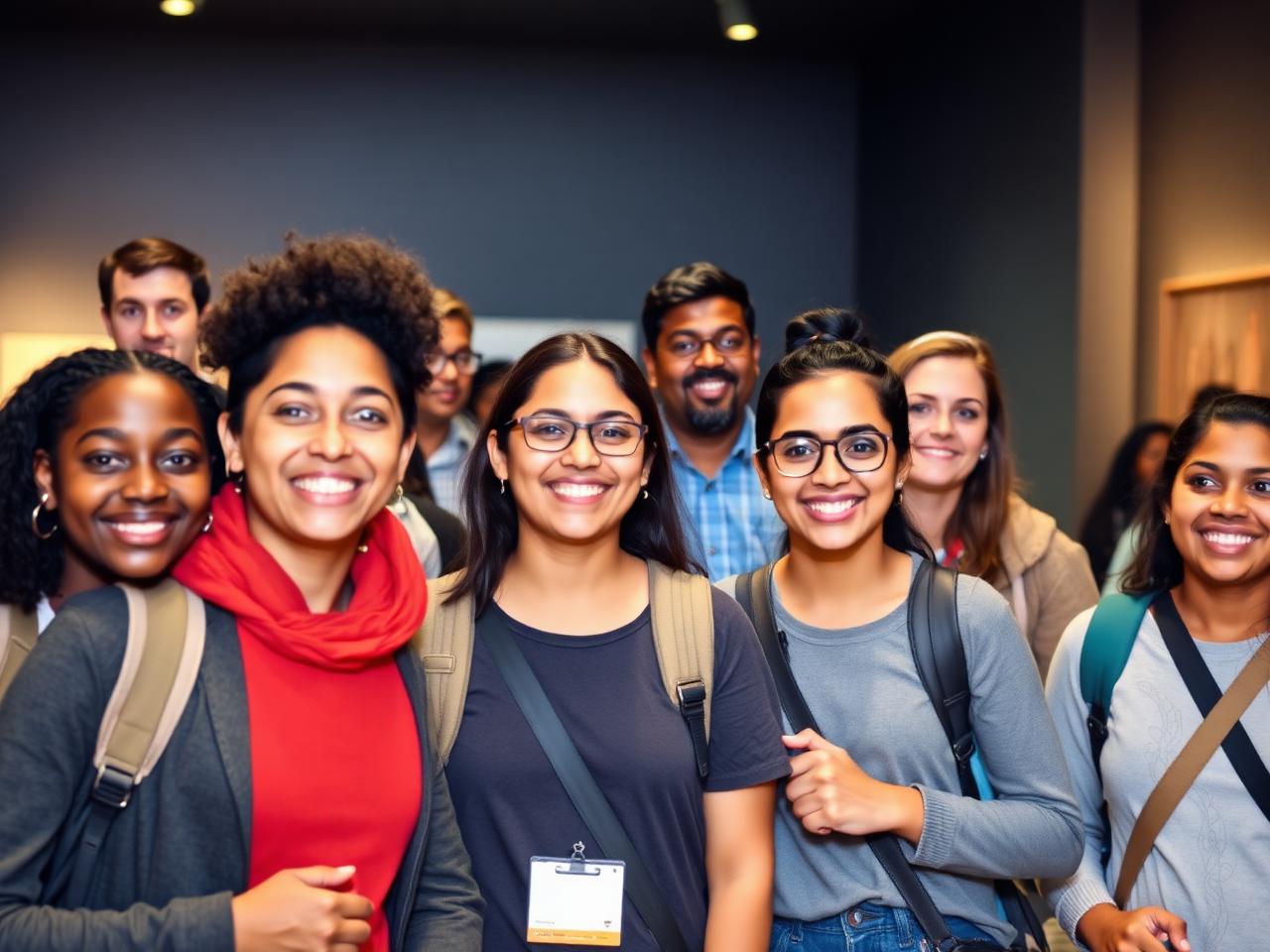 Diverse middle and high school students on a museum learning trip with parents behind them