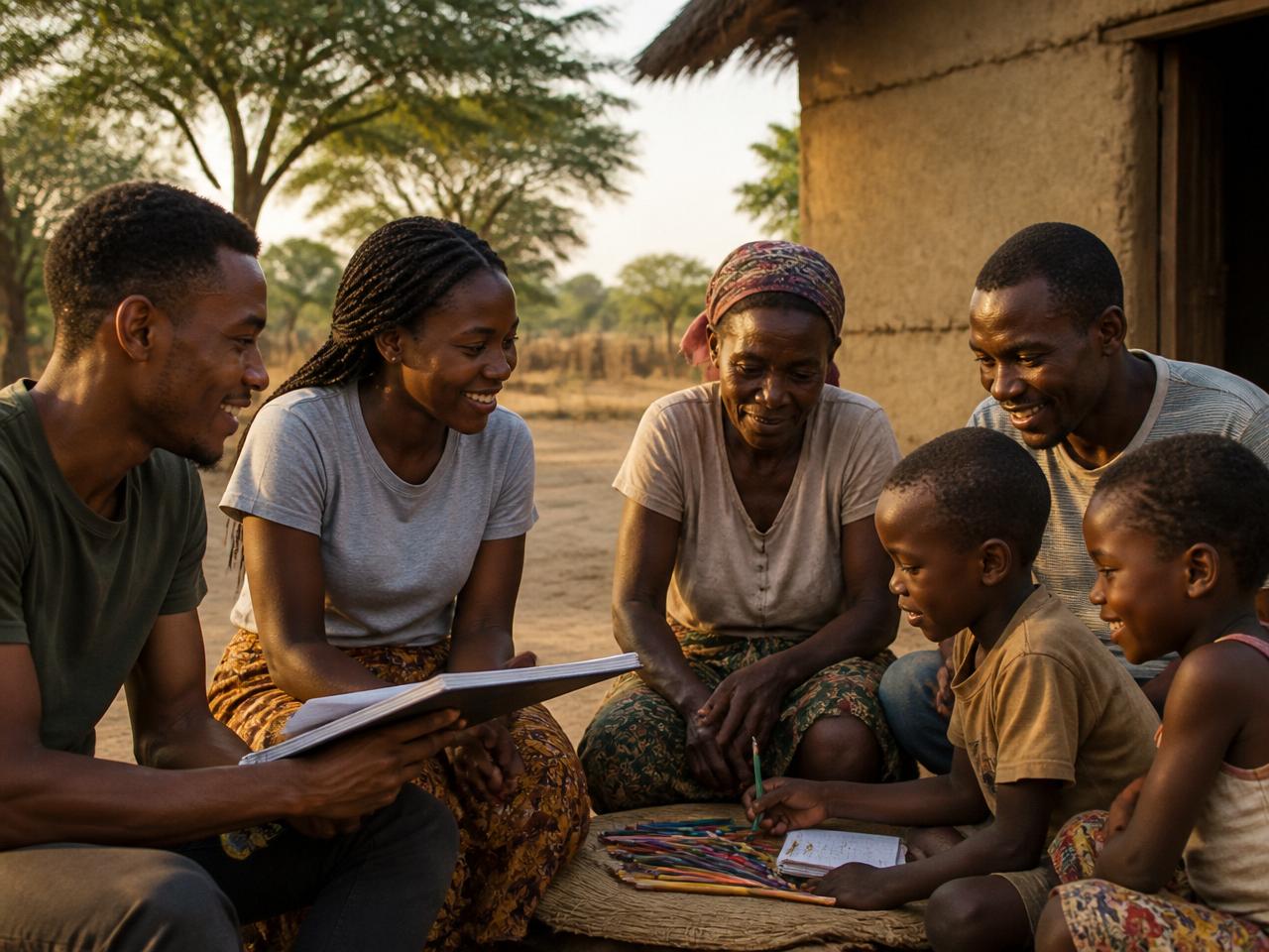 Male and female Black college students serving abroad in rural Zimbabwe, teaching and working alongside a local family